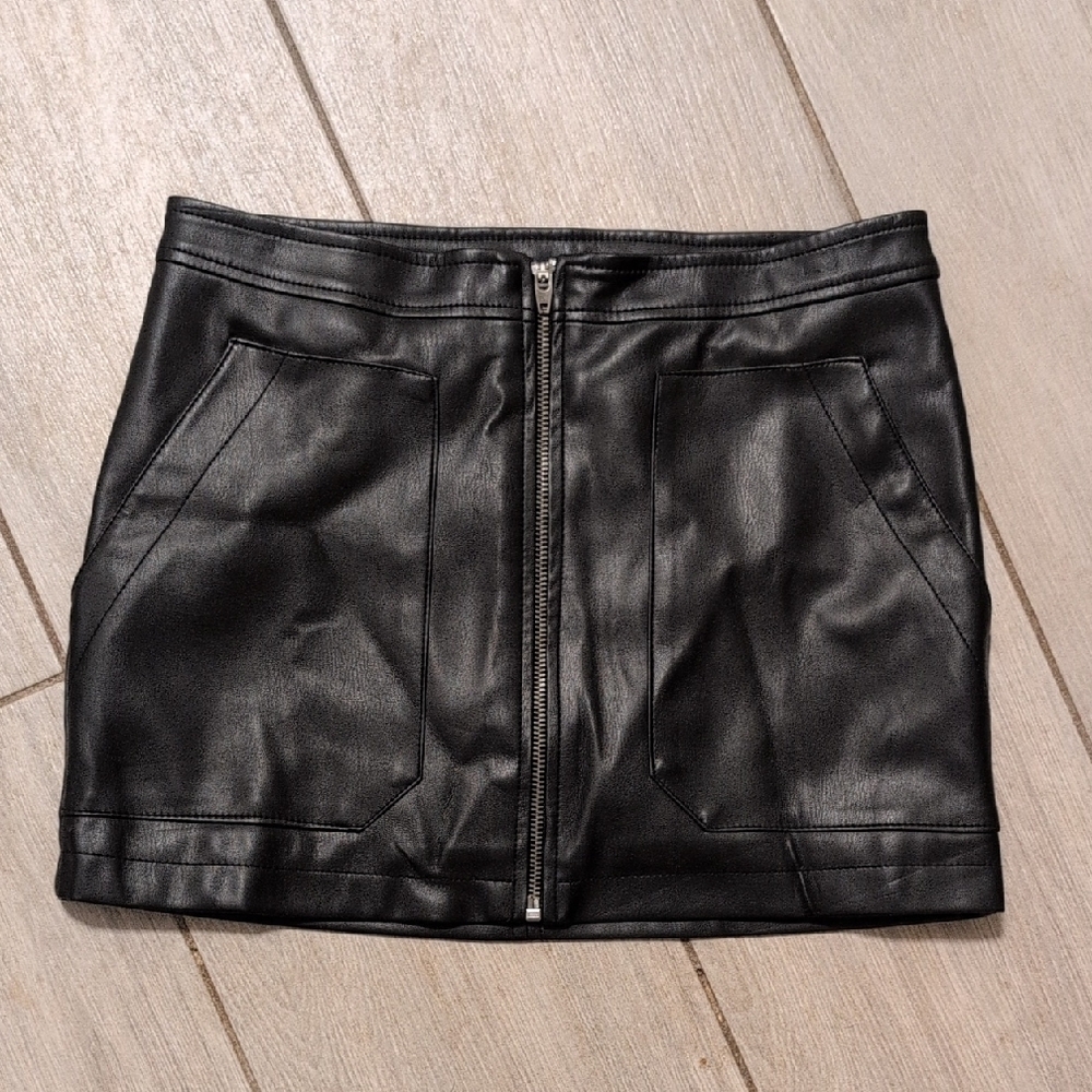 Free People Black Faux Leather Front-Zip Mini Skirt
